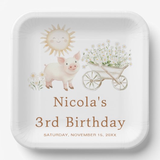 Cute Pig Wheelbarrow Birthday Papieren Bordje (Voorkant)