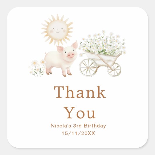 Cute Pig Wheelbarrow Birthday Party Vierkante Sticker (Voorkant)