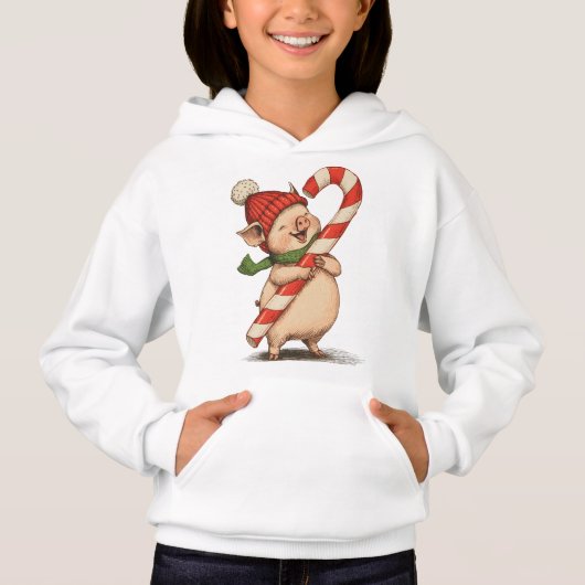Cute Pig with Candy Cane Kids Hoodie (Voorkant)