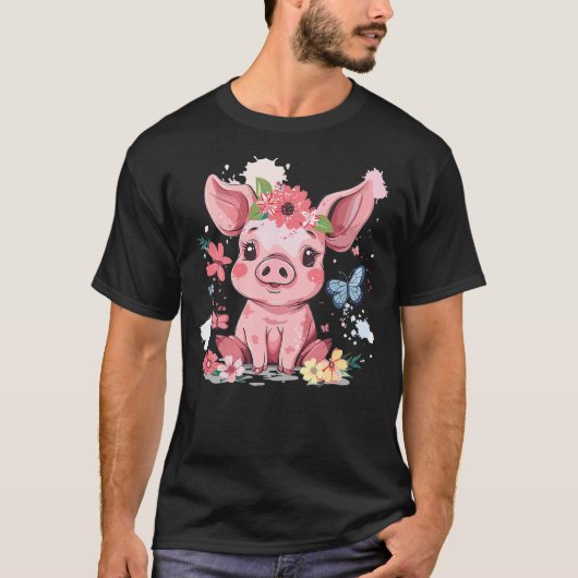Cute Pig With Flowers I Kids Pig T-shirt (Voorkant)