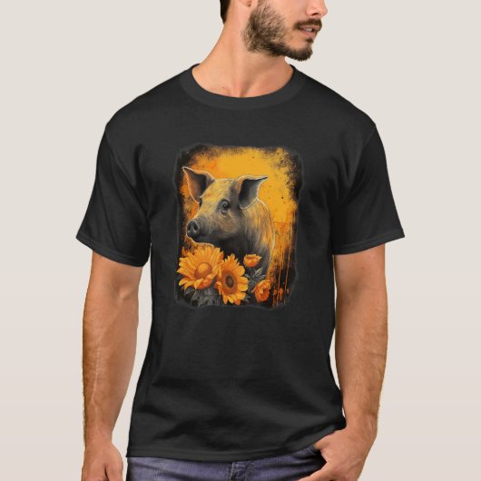 Cute pig with sunflower portrait orange and black  t-shirt (Voorkant)