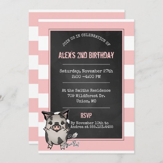 Cute Piggy Birthday Party Invitation Kaart (Voorkant / Achterkant)