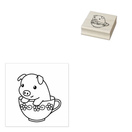 Cute Piglet Pig in een Teacup Rubberstempel (Gestempeld)