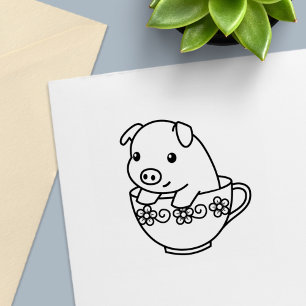 Cute Piglet Pig in een Teacup Zelfinktende Stempel
