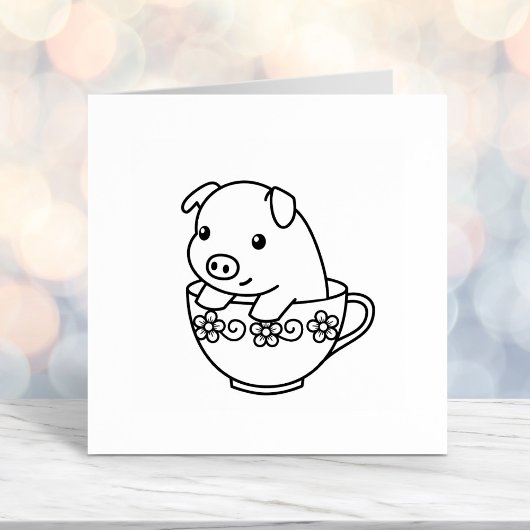 Cute Piglet Pig in een Teacup Zelfinktende Stempel