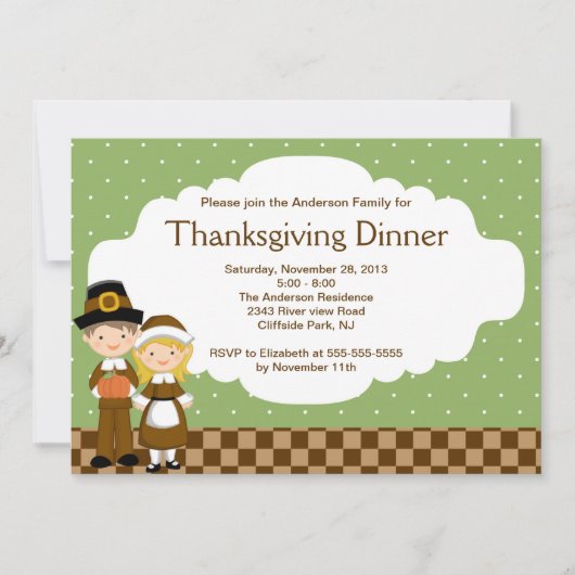 Cute Pilgrim Thanksgiving Dinner Party Uitnodiging (Voorkant)