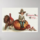 Cute Pilgrim Turkey Pumpkin Fall Leaves Poster (Voorkant)