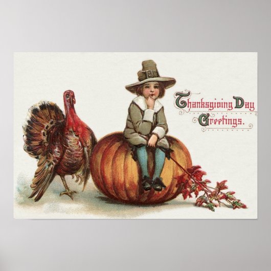 Cute Pilgrim Turkey Pumpkin Fall Leaves Poster (Voorkant)