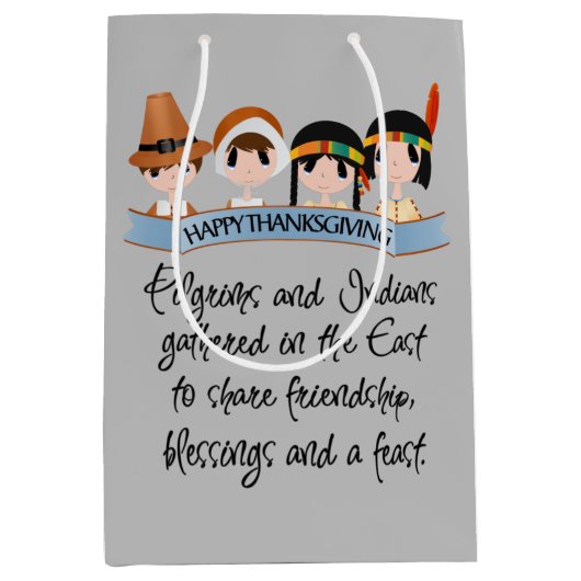 Cute Pilgrims en Indians Thanksgiving party Medium Cadeauzakje (Voorkant)