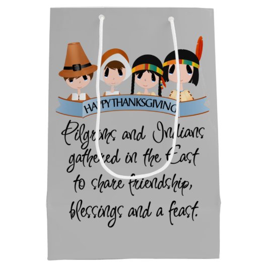 Cute Pilgrims en Indians Thanksgiving party Medium Cadeauzakje (Achterkant)