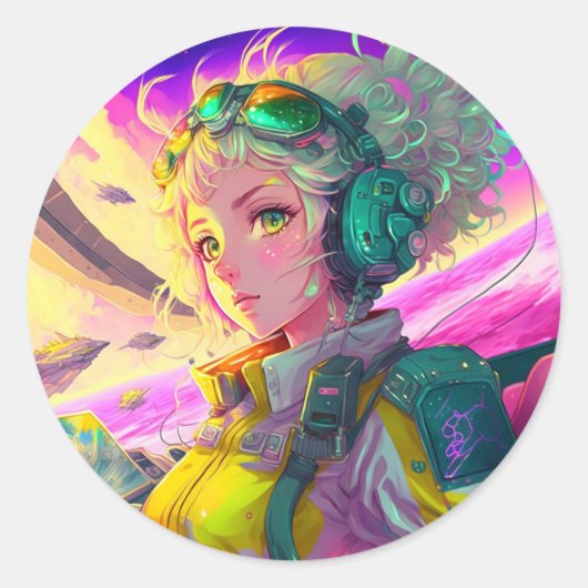 Cute Pilot Anime Girl Ronde Sticker (Voorkant)