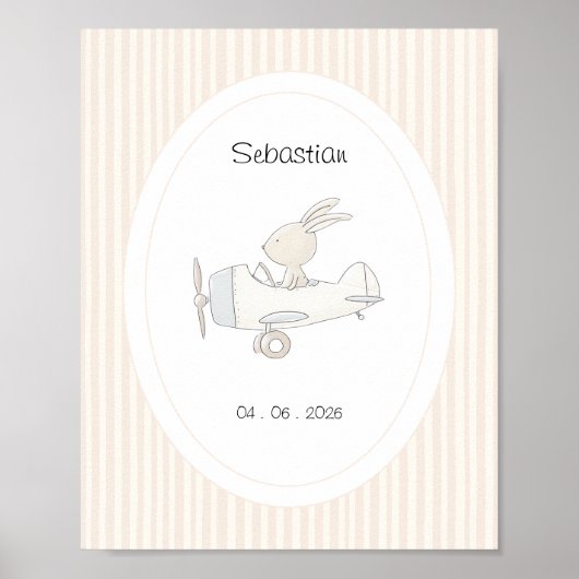 Cute Pilot Bunny Nursery Name Date Poster (Voorkant)