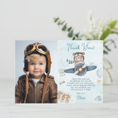 Cute Pilot Teddy Bear Blue Plane Birthday Photo Bedankkaart (Staand voorkant)