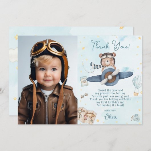 Cute Pilot Teddy Bear Blue Plane Birthday Photo Bedankkaart (Voorkant / Achterkant)