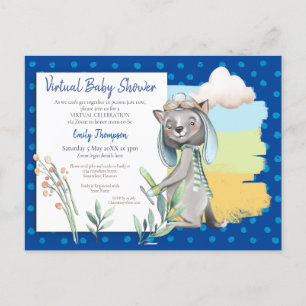 Cute Pilot Wolf Polka Dot Blue Virtual Baby shower Uitnodiging Briefkaart