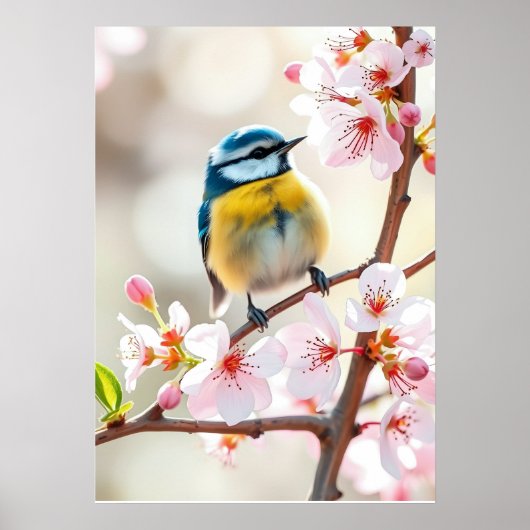 Cute Pimpelmees op appelboom in bloei Poster (Voorkant)