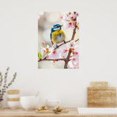 Cute Pimpelmees op appelboom in bloei Poster (Keuken)