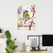 Cute Pimpelmees op appelboom in bloei Poster (Thuiskantoor)