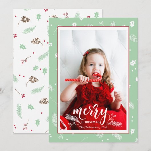 Cute Pine & Holly Kerstpatroonfamilie Foto Feestdagenkaart (Voorkant / Achterkant)