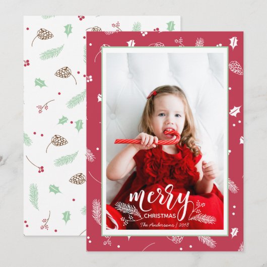 Cute Pine & Holly Kerstpatroonfamilie Foto Feestdagenkaart (Voorkant / Achterkant)