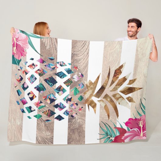 Cute Pineapple Gold striped Fleece Deken (In situ)