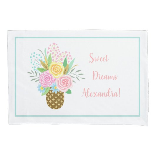 Cute Pineapple Rozen Bouquet Pink Turquoise Kussensloop (Voorkant)