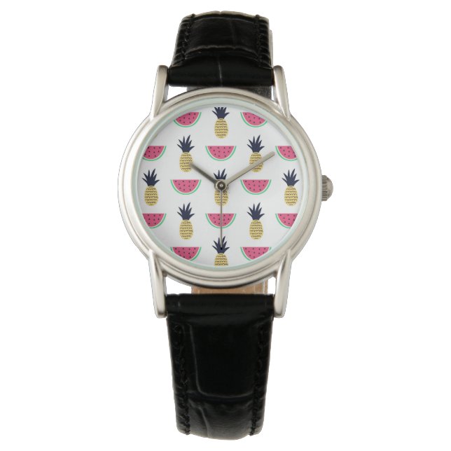 Cute Pineapple & Watermelon Doodle Pattern Horloge (Voorkant)