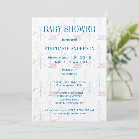 Cute Pines Fox Baby Boy Shower Invitations Kaart (Staand voorkant)
