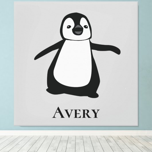 Cute Pinguïllustratie Zwart en Wit Canvas Afdruk (Insitu (Houten vloer))