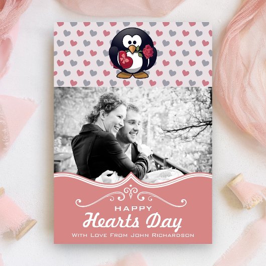 Cute Pinguïn Harten | Aangepaste Foto Valentijnsda Kaart