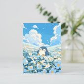 Cute Pinguïn in Blauwe Bloemenweide Briefkaart (Staand voorkant)