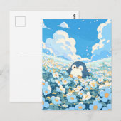 Cute Pinguïn in Blauwe Bloemenweide Briefkaart (Voorkant / Achterkant)