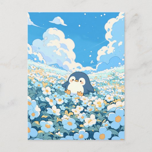 Cute Pinguïn in Blauwe Bloemenweide Briefkaart (Voorkant)