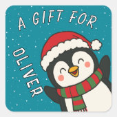 Cute Pinguïn Kinderen Naam Kerstcadeau Vierkante Sticker (Voorkant)