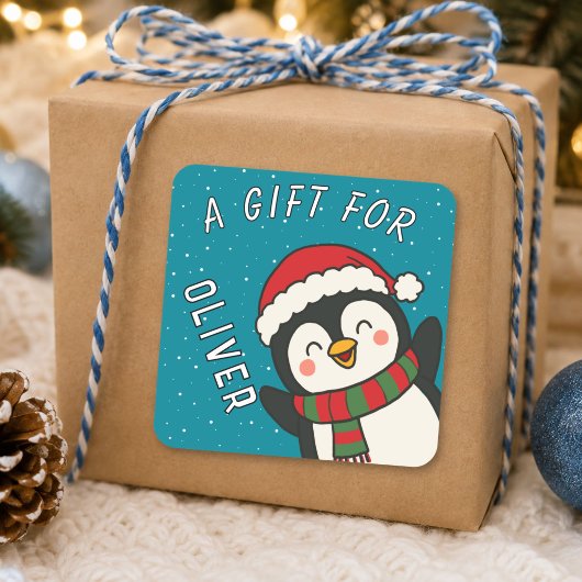 Cute Pinguïn Kinderen Naam Kerstcadeau Vierkante Sticker