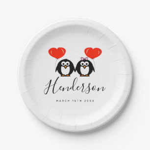 Cute pinguïn koppel cartoon papieren huwelijksplat bordje