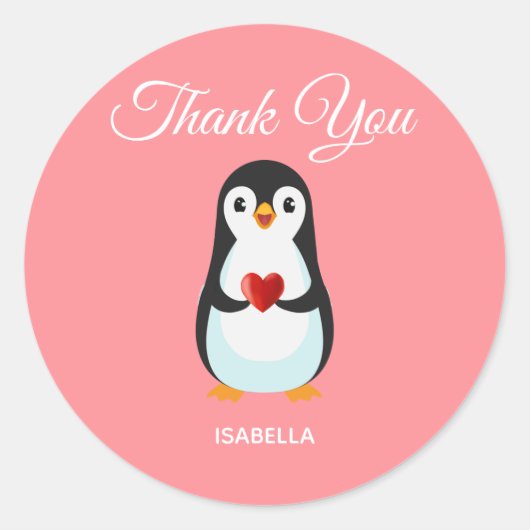 Cute Pinguïn met Hart op Roze Bedankt Ronde Sticker (Voorkant)