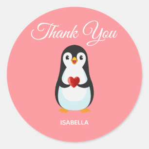 Cute Pinguïn met Hart op Roze Bedankt Ronde Sticker