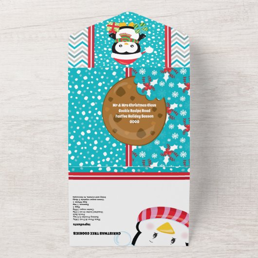 Cute pinguïn met kerstrecept voor pet all in one uitnodiging (Buitenkant)