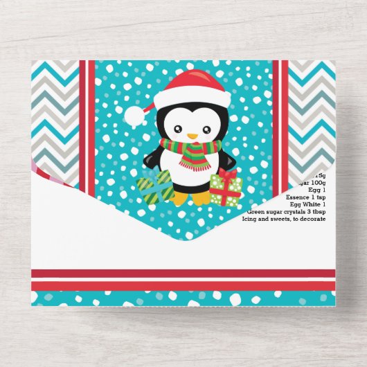 Cute pinguïn met kerstrecept voor pet all in one uitnodiging (Achterkant)