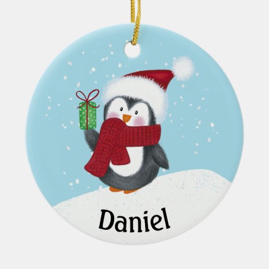 Cute Pinguïn met Naam Kerst Keramiek Ornament (Voorkant)