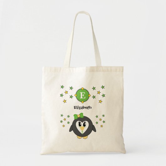 Cute pinguin met naam sterren geel groen tote bag (Voorkant)