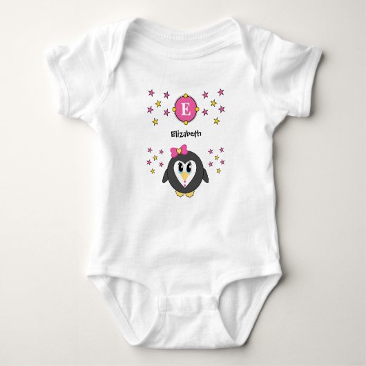 Cute pinguin name sterren geel roze romper (Voorkant)