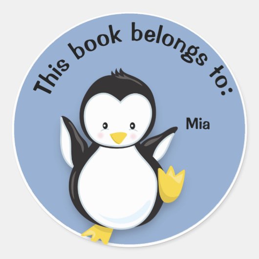 Cute pinguïn op blauwe boeknaamplaat sticker (Voorkant)