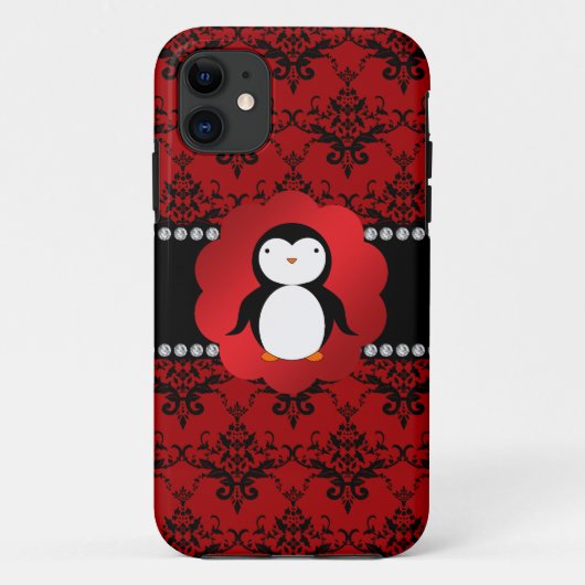 Cute pinguin red damask Case-Mate iPhone case (Achterkant)