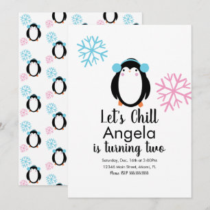 Cute Pinguïn Roze Blauwe Sneeuwvlokken Winter Uitn Kaart