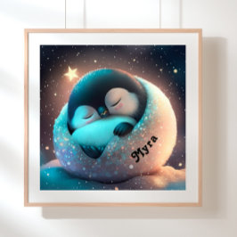 Cute Pinguïn slapende sterren maan kunst kinderkam Poster