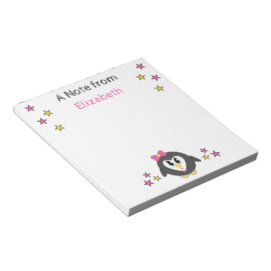 Cute pinguin sterren en noem roze kinderen notitieblok (Schuin)