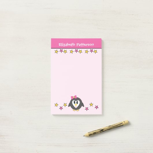 Cute pinguïn sterren naam kinderen roze geel post-it® notes (Op bureau)