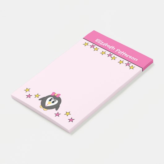 Cute pinguïn sterren naam kinderen roze geel post-it® notes (Schuin)